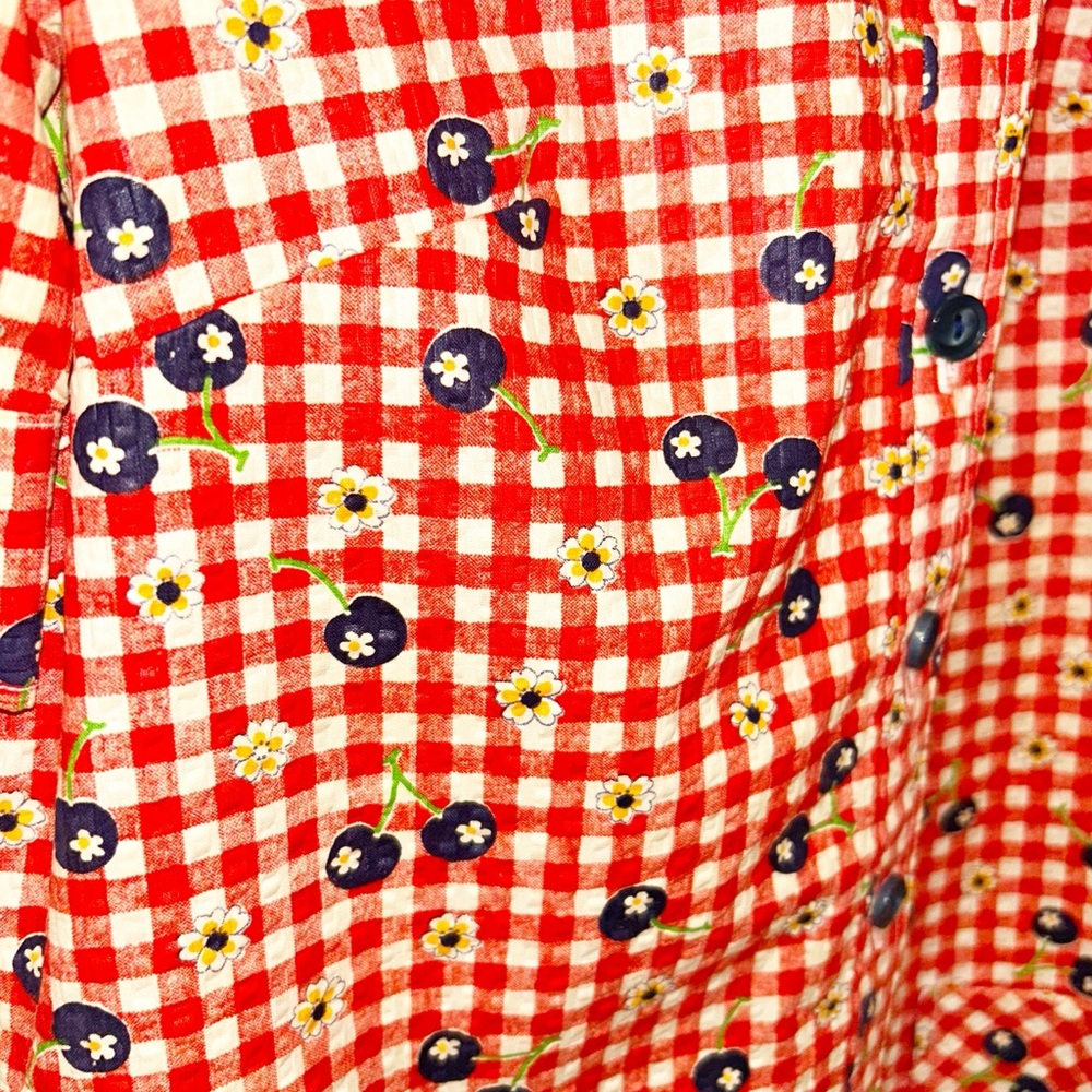 VINTAGE Handmade Seersucker Gingham & Blueberries Collared Mini Dress SZ: SMALL - Picture 6 of 11